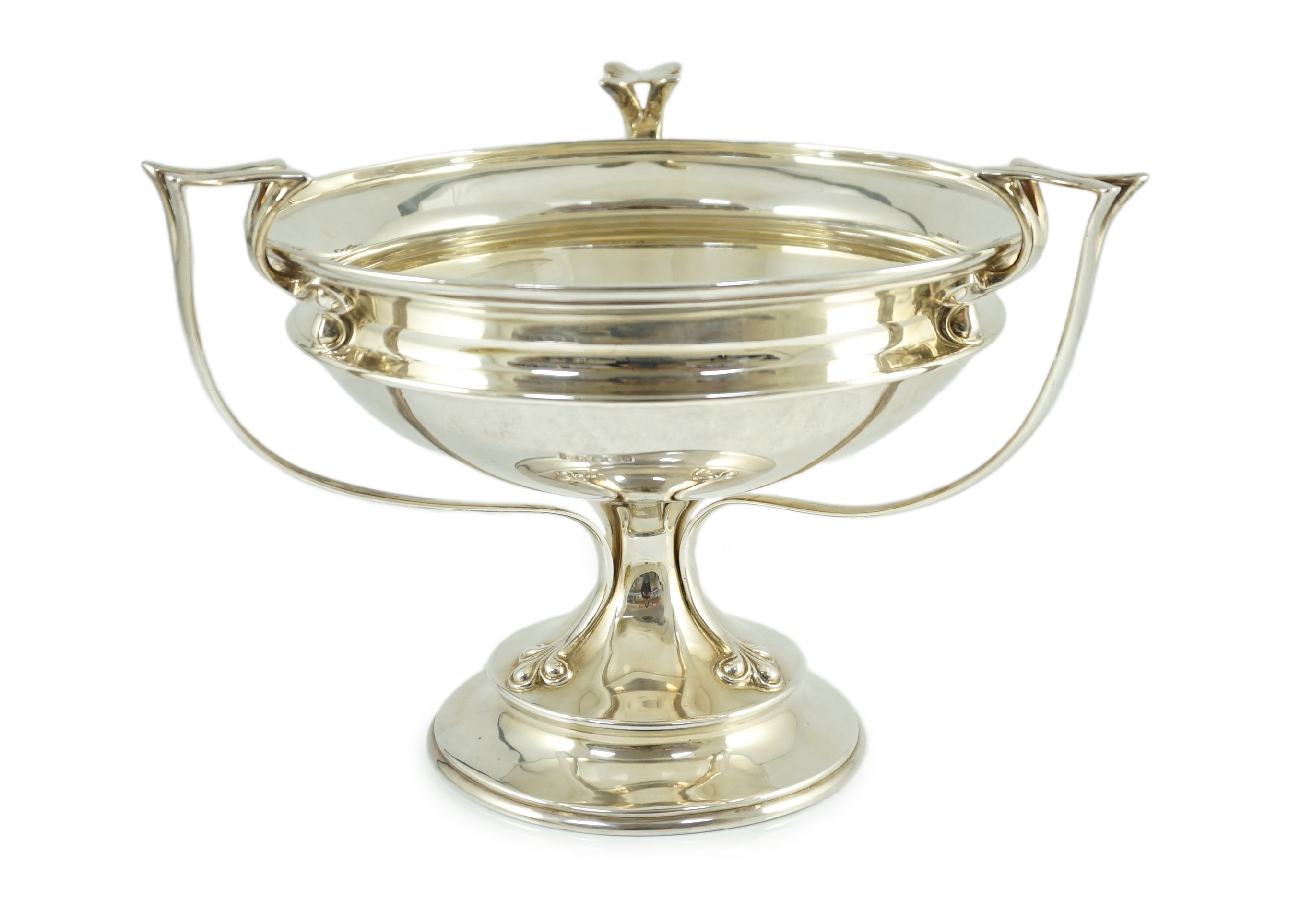 An Edwardian Art Nouveau silver tri-handled pedestal fruit bowl, by Joseph Rodgers & Sons